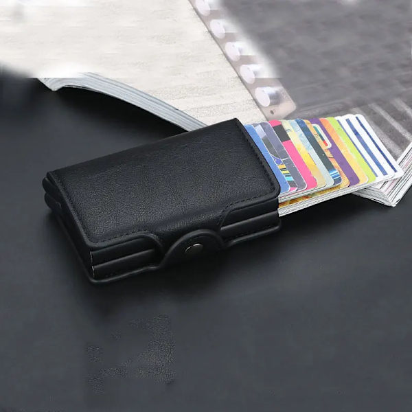 Stöldskydd män plånbok dubbel aluminium läder kreditkortshållare RFID metall plånbok Automatisk pop up handväska ID-korthållare Double Layer Brown