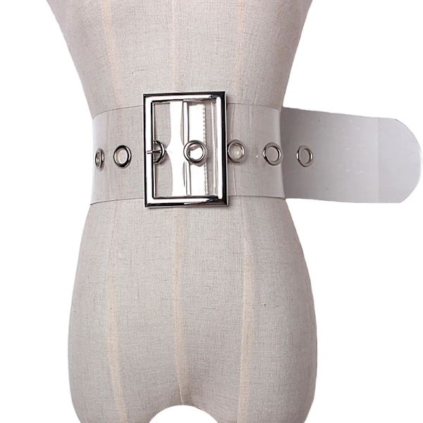 Mode Kvinnor Transparent Bredt Bälte Kvinna PVC Klara Bälten För Klänning Dam Metall Nål Spänne Sommar Vit Stora Grommet Strap 223 Transparent 105CM
