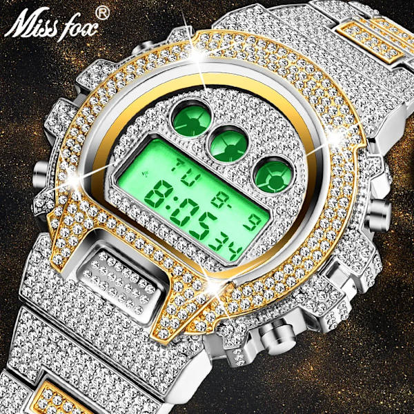 Hip Hop MISSFOX Helt Iced Out Herrklockor Digitalt rostfritt stål Mode Lyx Diamond Quartz Armbandsur AAA Classic Watch V304-GS