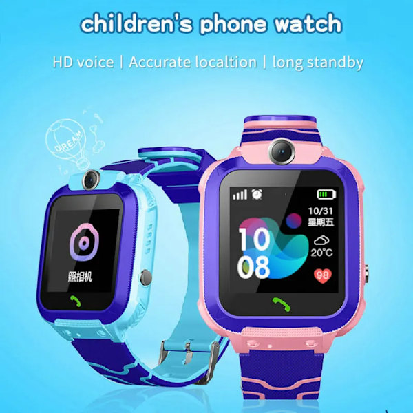 Q12 Barns Smart Watch SOS Telefon Watch Smartwatch Kamera Med Sim-kort Vattentät IP67 Barnpresent för IOS Android Blue