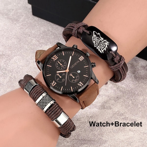 Klockor Set för män Läder Wolf Watch Top Märke Lyx 3PCS Quartz Watch Herrklocka Present till pojkvän Reloj Hombre Watch-Bracelet 05