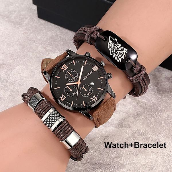 Mode Casual Quartz Watch för män Brunt läder Wolf Flätad watch Armband Gfit Set för män Pojkvän Regalos Para Hombre Watch-Bracelet 05