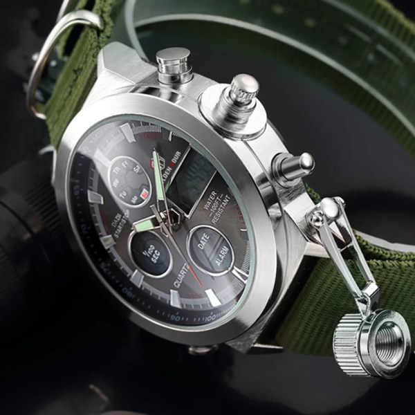GOLDENHOUR Top Lyx Märke Utomhus Sport Watch Herr Army Canvas Klockor Auto Date Display Quartz Armbandsur Relogio Masculino Black With Box