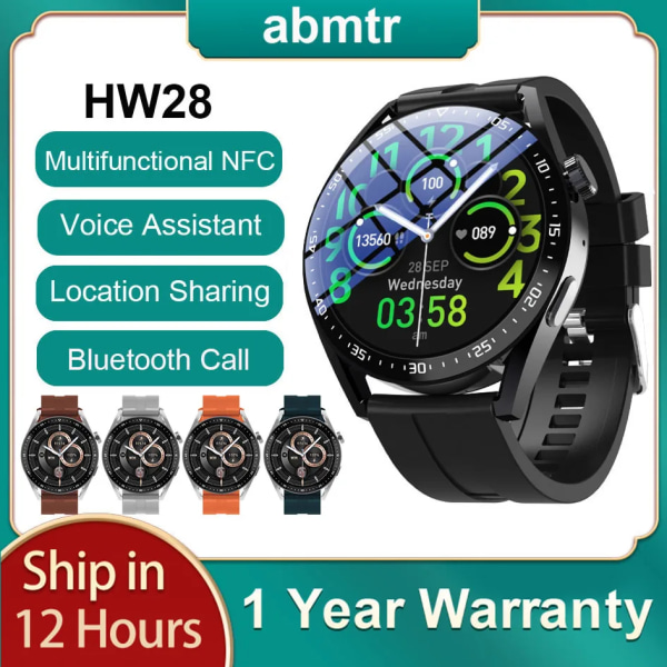 Abmtr HW28 SmartWatch Men NFC 1,39 tum Röstassistent Bluetooth Call Calories Sport Dam smartwatch pk Huawei GTR 3 GTS2 Brown add bn strap