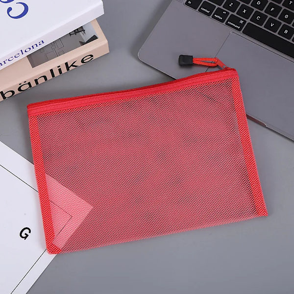 Transparent Synlig Nylon Mesh Makeup Kosmetisk Förvaringsväska Skolkontor Fil Dragkedja Student Penna Test Papper Organizer red A5 (25x18cm)
