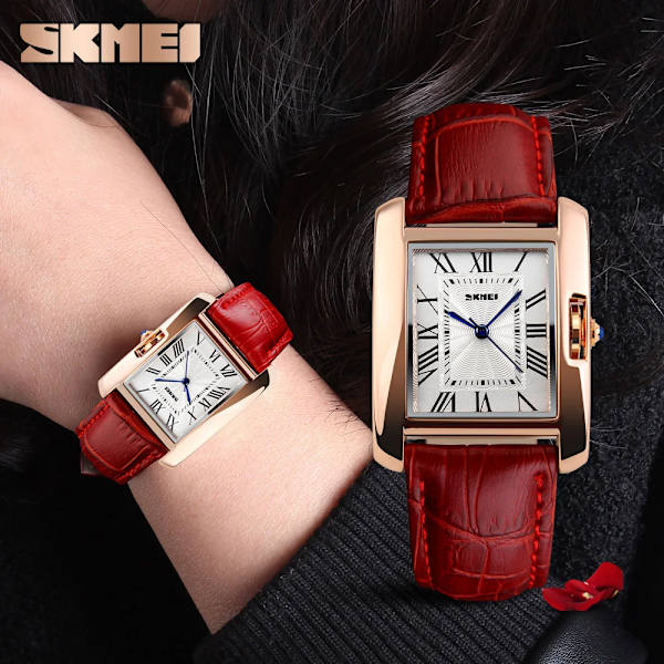 SKMEI Märke Dam Quartz Klockor Mode Elegant Watch Retro Läder Dam Vattentät klocka Armbandsur Relogio Feminino red
