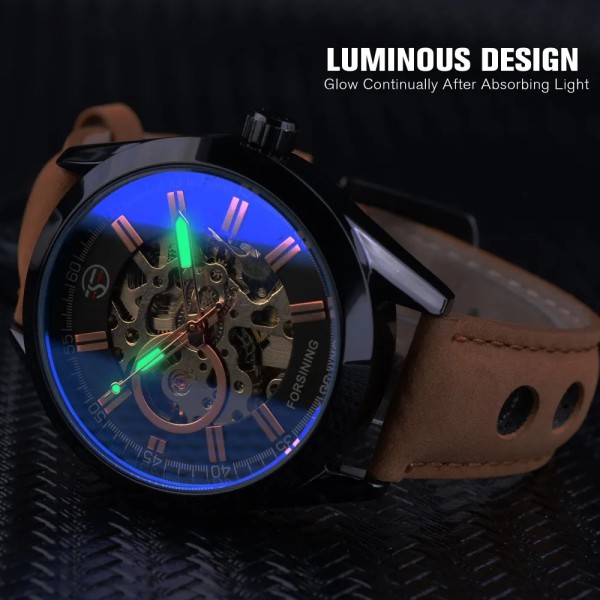 Forsining Blue Light Glass Herr Casual Watch Läder Militär Automatisk Herr Mekanisk Watch Skelett Lysande klocka Black Brown