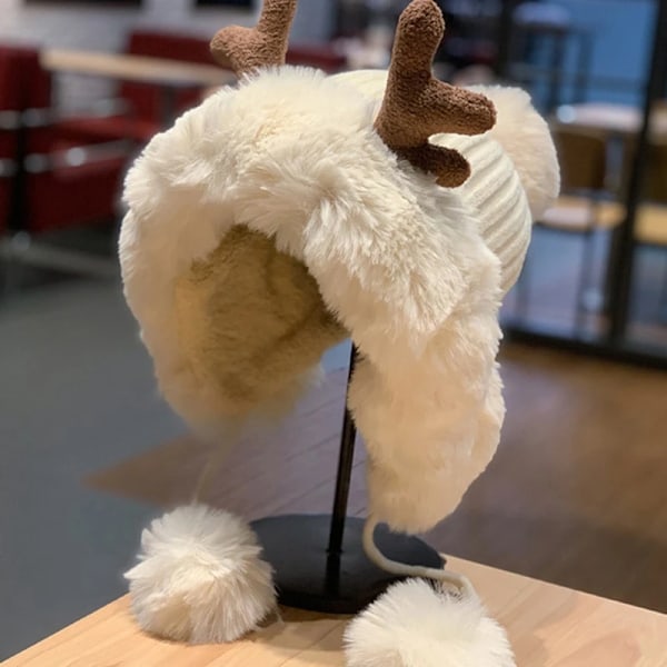 Vintermössa för kvinnor, varm fodrad med pompom, hornöronlappsmössa, söt skalle, utomhus, skridskoåkning, cykling, julklapp White