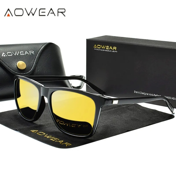 AOWEAR HD Night Vision Glasögon Herr Aluminium Gul Lens Solglasögon Herr Polariserade Night Safe Driving Goggles Oculos Gafas De Sol transparent Yellow