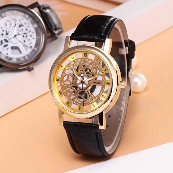 2020 Herrklockor Mode Transparent Hollow Klockor Läderband Quartz Armbandsur Kampanjpris Reloj Hombre gold black2