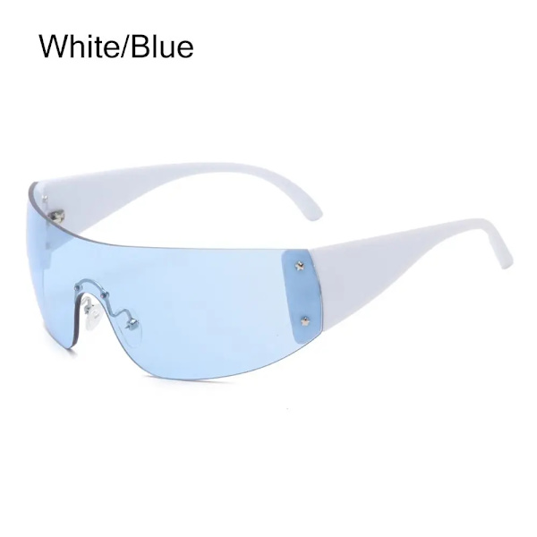 Y2K Solglasögon för kvinnor Män Trendiga båglösa Star Punk One Piece Goggles Oversized Wrap Around Solglasögon 2000-talsglasögon UV400 Solglasögon White-Blue