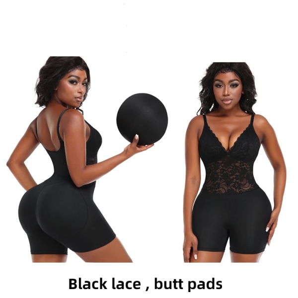 Body Shapewear Body Shaper Kvinnor Midja Slimming Enhancer Höftrumpskydd Öppen gren Axelremmar Spetsunderkläder Butt pad black lace 5XL