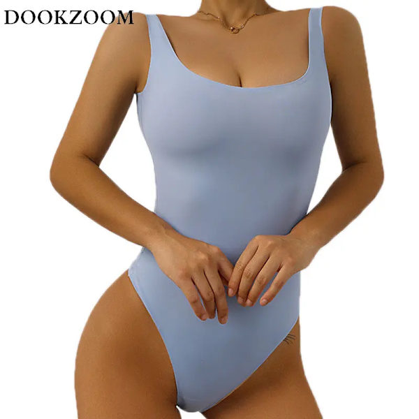 U-hals Spaghetti Strap Bodysuits Compression Body Suits Öppen gren Shapewear Slimming Body Shaper Smooth Out Body Sky Blue XL
