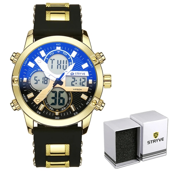 STRYVE 8021 Märke Herr Sportarmbandsklockor Militär gummi- och metallbälte Vattentät Date Week Elektronisk klocka Digital Quartz Watch black gold