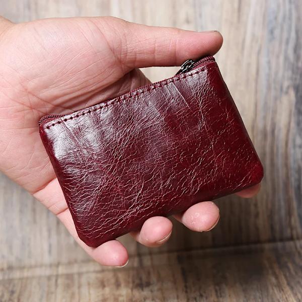 Läder Mini Myntväska Unisex Enkel Bärbar Första Layer Kohud Retro Handgjord dragkedja Liten case Burgundy