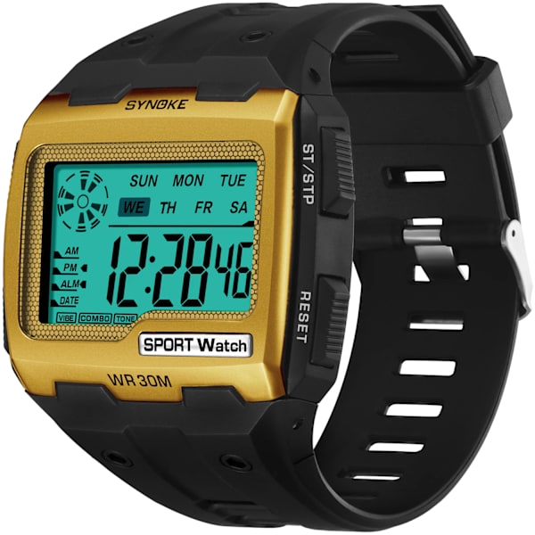 SYNOKE Digitala klockor för män Utomhussport Mode Multi Vattentät Stor urtavla Lysande armbandsur Väckarklockor män Gold