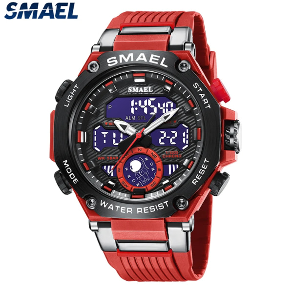 Quartz Armbandsur Sport SMAEL Military Army Clock Alarm Dual Display LED Elektronisk Watch 8069 Vattentäta klockor för män RED