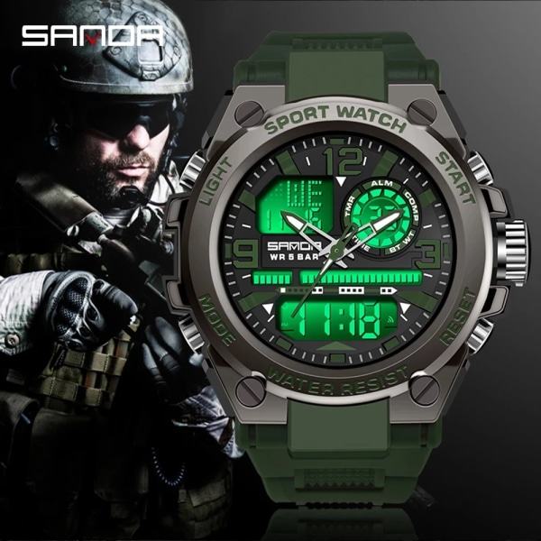 Mode SANDA Toppmärke Herrklockor 5ATM Vattentät Sport Militär Armbandsur Watch för män Klocka Relogio Masculino 6024 Black
