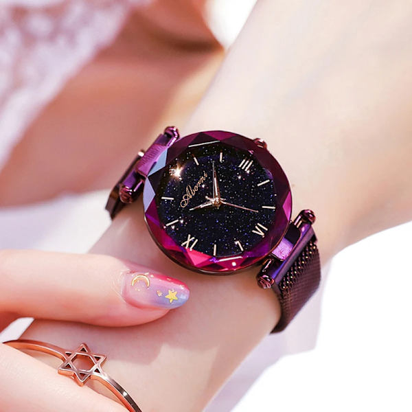 Ny watch för kvinnor Elegant Magnet Quartz Damklocka Watch Stjärnhimmel romerska siffror Lady Armbandsur Present Blue