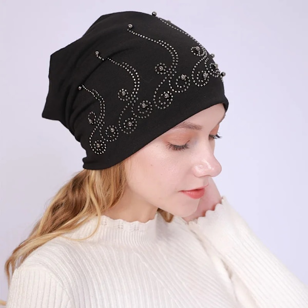 Mjuka Bomulls-Hattar för Höst & Vår - Dam & Flickor - Pärlor & Strass - Varma Skullies - Turban - Bonnet - Kvinnliga Hattar E black Elasticity