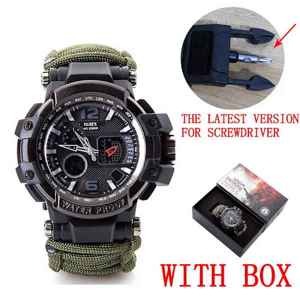 Utomhus Survival Watch Multifunktionell Vattentät Militär Taktisk Paracord Watch Armband Camping Vandring Nödutrustning EDC Green with box