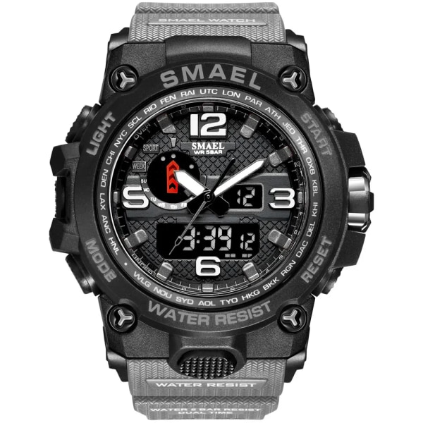 SMAEL klockor för män 50M vattentät klocka Alarm reloj hombre 1545D Dual Display Armbandsur Quartz Military Watch Sport Ny Herr GRAY