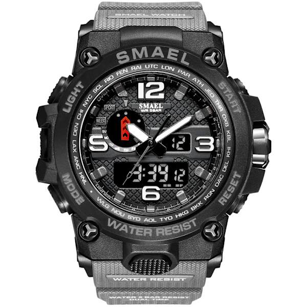 SMAEL klockor för män 50M vattentät klocka Alarm reloj hombre 1545D Dual Display Armbandsur Quartz Military Watch Sport Ny Herr GRAY