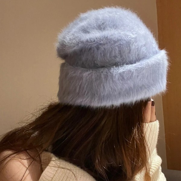 Angora Vintermössa för Kvinnor Stickad Fluffig Beanie Dammode Varm Plysch Skalle Kvinnors Tjocka Fleecehattar Light  Blue One Size (Stretch)