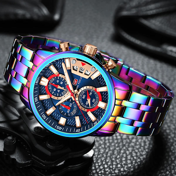 MINI FOCUS Luxury Sports Quartz Watch för män Mode Chronograph Multifunktion Vattentäta klockor Rostfritt stål Armband Klocka BOX RAINBOW BLUE