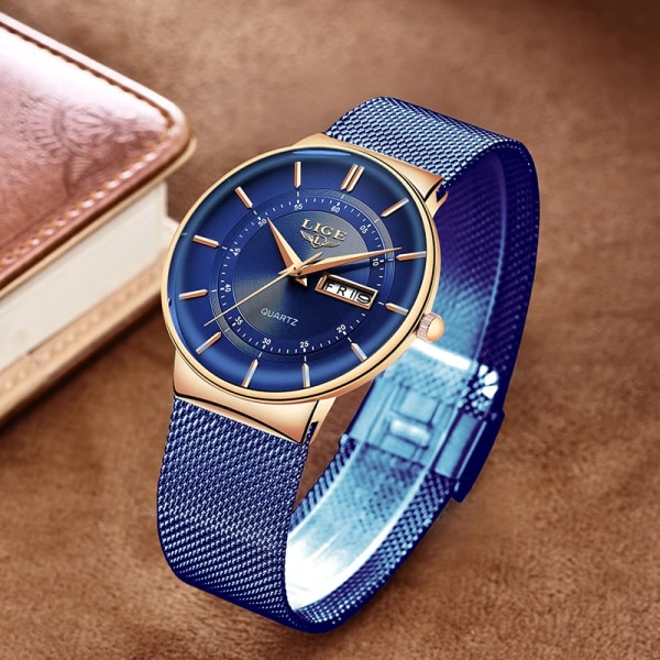 LIGE Damklockor Lyxmärke Ultratunn kalendervecka Quartz Watch Damklockor Mesh Rostfritt stål Vattentät Reloj Mujer Silicone blue(.611)