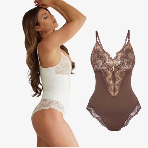 Kvinnors Shapewear Body Shaper Sexig spets V-ringad bodysuits Öppen gren Magkontroll Body Suit Sexig Jumpsuit Underkläder Underkläder Coffee M