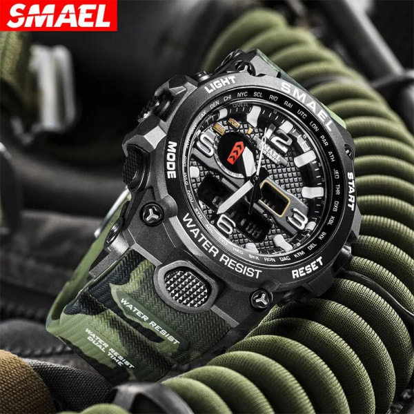 SMAEL Ny Watch Herr 50M Vattentät Klocka Alarm Reloj Hombre 1545D Dual Display Armbandsur Quartz Military Watches For Herr Khaki