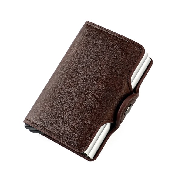 RFID blockerande dubbelbox metall kreditkortshållare för män kvinnor kolfiber läder mini plånbok herr korthållare pengar klämma coffee(.2198)