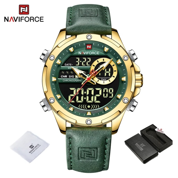 NAVIFORCE Lyxmärke Originalklockor För Herr Casual Kronograf Alarm Quartz Watch Läder Vattentät Klocka 9163 GGNGN BOX