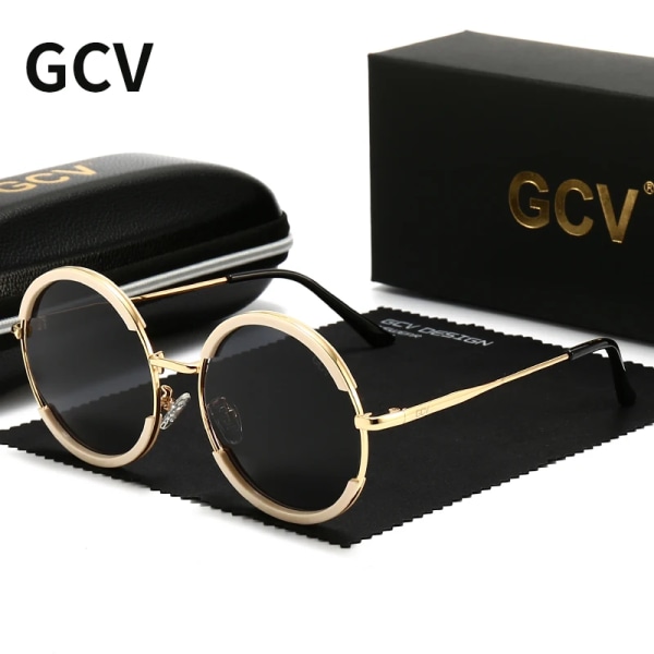 GCV Klassisk Män Man Kvinnor Kvinna Underbara solglasögon Rund Båge Glasögon Mode Punk Style New Metal Polarized Rice White Black Polarized