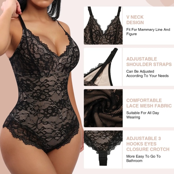 Body Shaper för kvinnor Magkontroll och Black Fat Waist Trainer Shaper Silmming Underklänning V-ringad Spets Body One Piece Shaper Black XL
