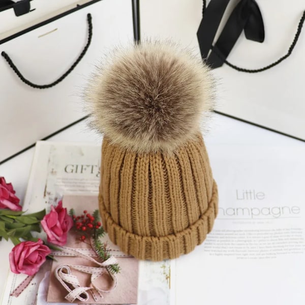Ny Pom Pom-hatt - Trendig vinterhatt för flickor och kvinnor - Varma mössor av hög kvalitet Brown Kid