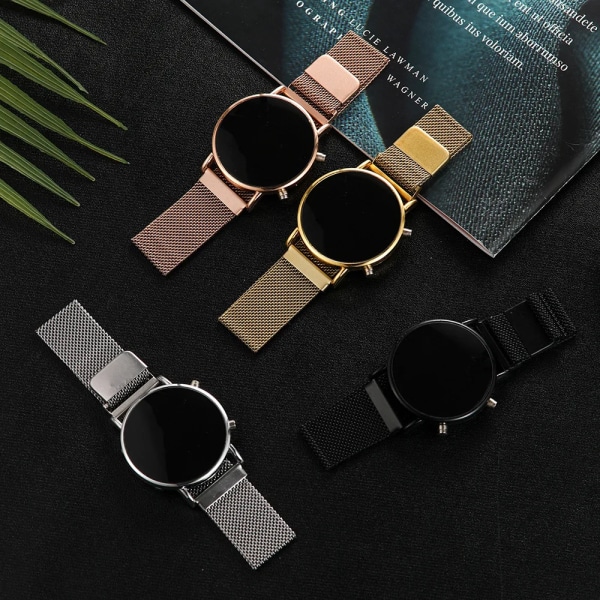 Lyx Rose Gold Digital Röd LED Urtavla Klockor För Kvinnor Rostfritt stål bälte Quartz Watch Dam Magnetklocka rose gold