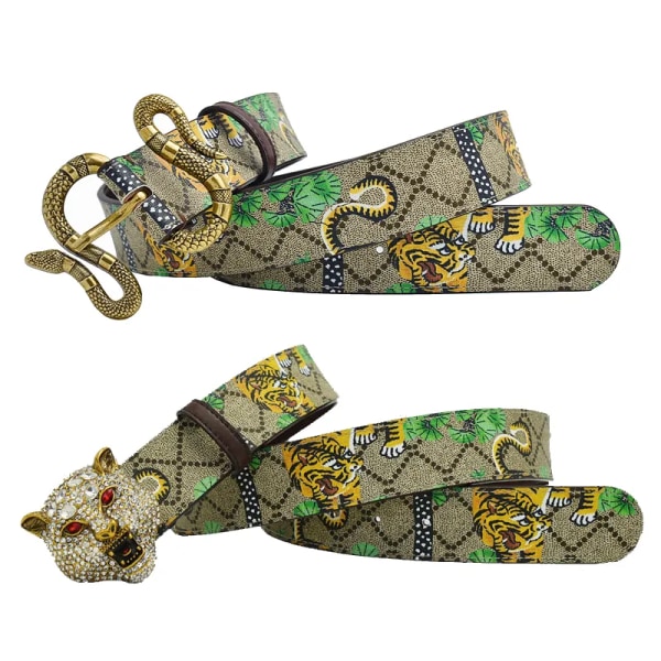Western Rhinestone Tiger Spänne Tiger Print Läder Män Bälte Mode Jeans Causal Byxor Herr Bälte Gold 115CM