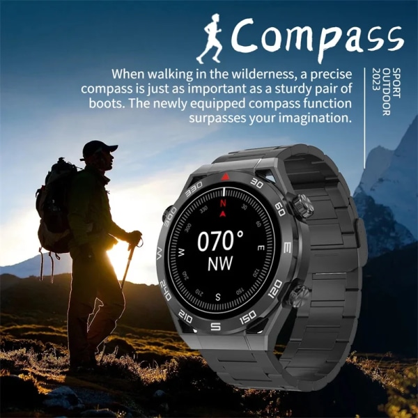 NFC AMOLED Smart Watch Herr Custom Dial Svara Ring Sport GPS Track Kompass IP68 Vattentät Smartwatch För Huawei Ultimate Silver Leather