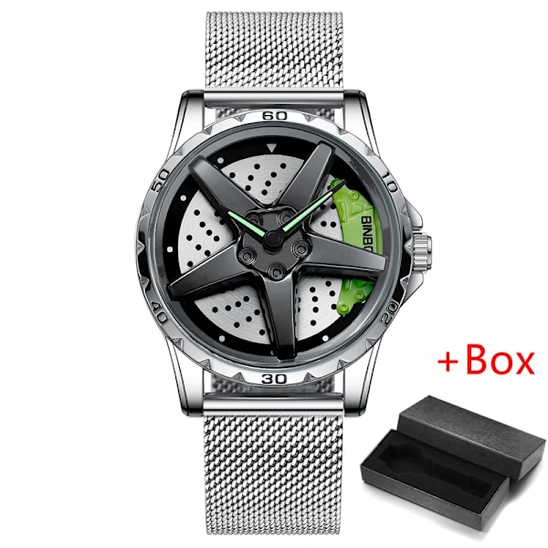 BINBOND Rotation Rim Hub Watch Herrklockor Vattentät rostfritt stålhjul Quartz Armbandsur Herr Relogio Masculino Mesh Silver Green