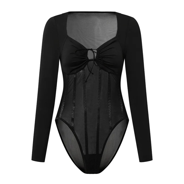 Solid Sexig Bandage Body Kvinnor Långärmade Toppar för Dam Kläder Slim T-shirt Y2K Clubwear Bodycon Body Shapewear Black L