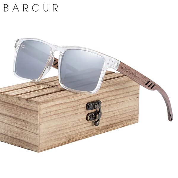 BARCUR Solglasögon för män Märkesdesigner Naturligt valnötsträ Solglasögon Dam Polariserade glasögon UV400 Eyewear Oculos Clear Silver Wood BARCUR