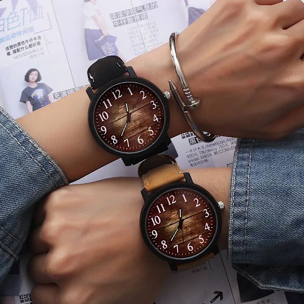 Mode Casual Steampunk Klockor Män Brunt Läderband Quartz Armbandsur Man Wood Grain Watch Drop Reloj Hombre 2021 cubebrown
