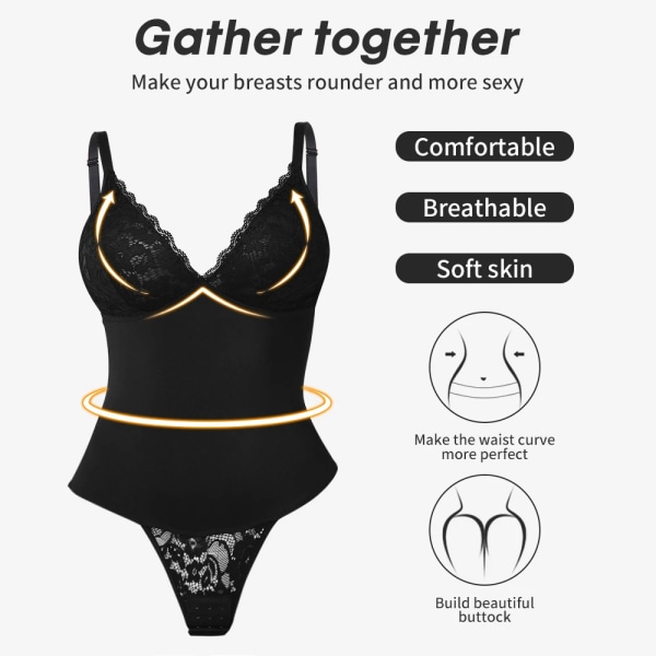 Dam V-ringad Camisole Spets Shapewear Body Backless Underkläder Sexiga stringtrosor Underkläder Sculpting Body Shaper Fajas Colombianas Black L