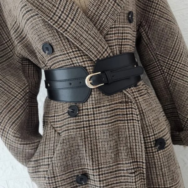 Lyxigt dam brett bälte elastiskt vintage spänne läder brett mode wild pin spänne dam bälte midje tätningsbälte N024-Black 80cm
