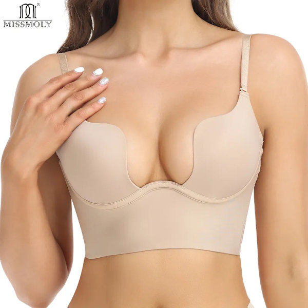 Kvinnor Sexig Djup U-hals BH Shaper Rygglös Push Up Bröstunderkläder MISS MOLY BH:ar Low Cut Plunge Bröllopsunderkläder Fajas Korsetter Nude M