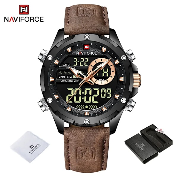 NAVIFORCE Lyxiga originalklockor för män Casual Sport Kronograf Alarm Quartz Armbandsur Läder Vattentät Digital Klocka 9163 BBDBN BOX