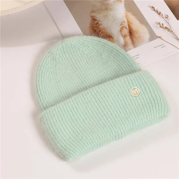 Uspop Nya Dammössor Vinter Tjocka Varma Stickade Mössor Enfärgad Bokstav M Mjukt Hår Skullies Beanies Light Green elastic 53-59 cm