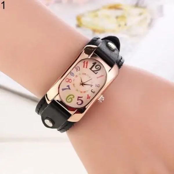 Mode Casual Damklocka Kunstläder Diamantband Avlångt case Quartz Watch kvinnor Black
